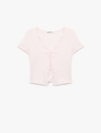 Slim Fit Kısa Kollu Dantelli Pamuklu V Yaka Tişört