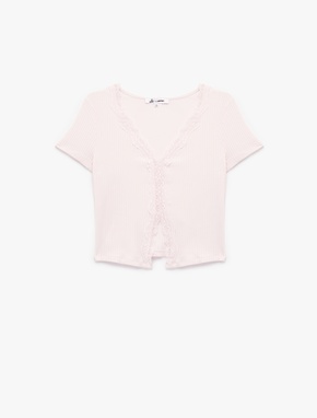 Slim Fit Kısa Kollu Dantelli Pamuklu V Yaka Tişört