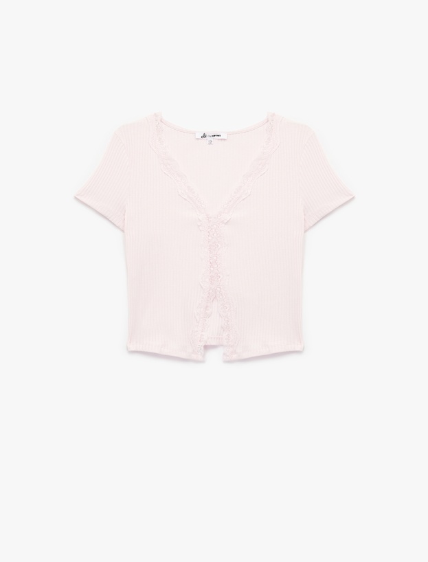 Slim Fit Kısa Kollu Dantelli Pamuklu V Yaka Tişört_0