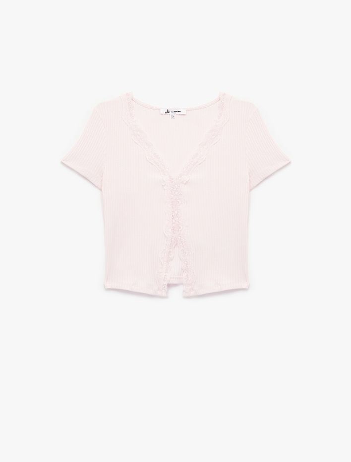  Slim Fit Kısa Kollu Dantelli Pamuklu V Yaka Tişört