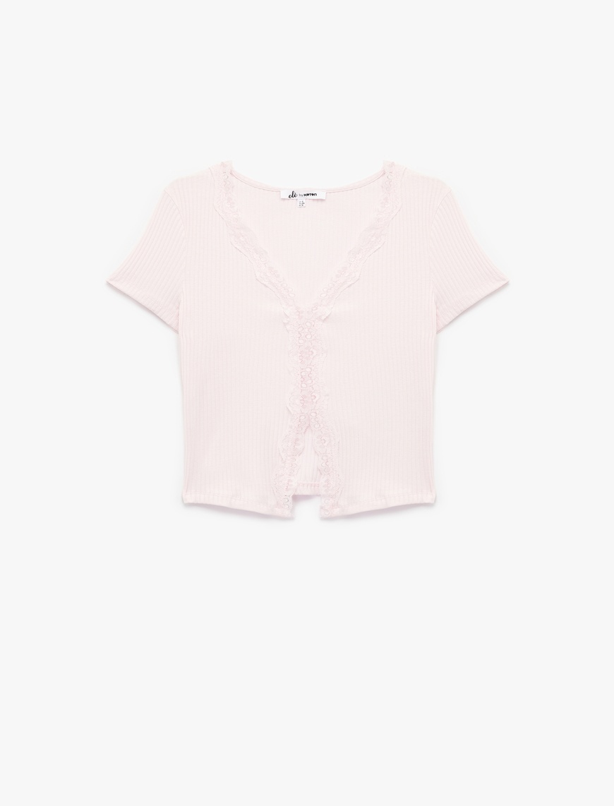   Slim Fit Kısa Kollu Dantelli Pamuklu V Yaka Tişört