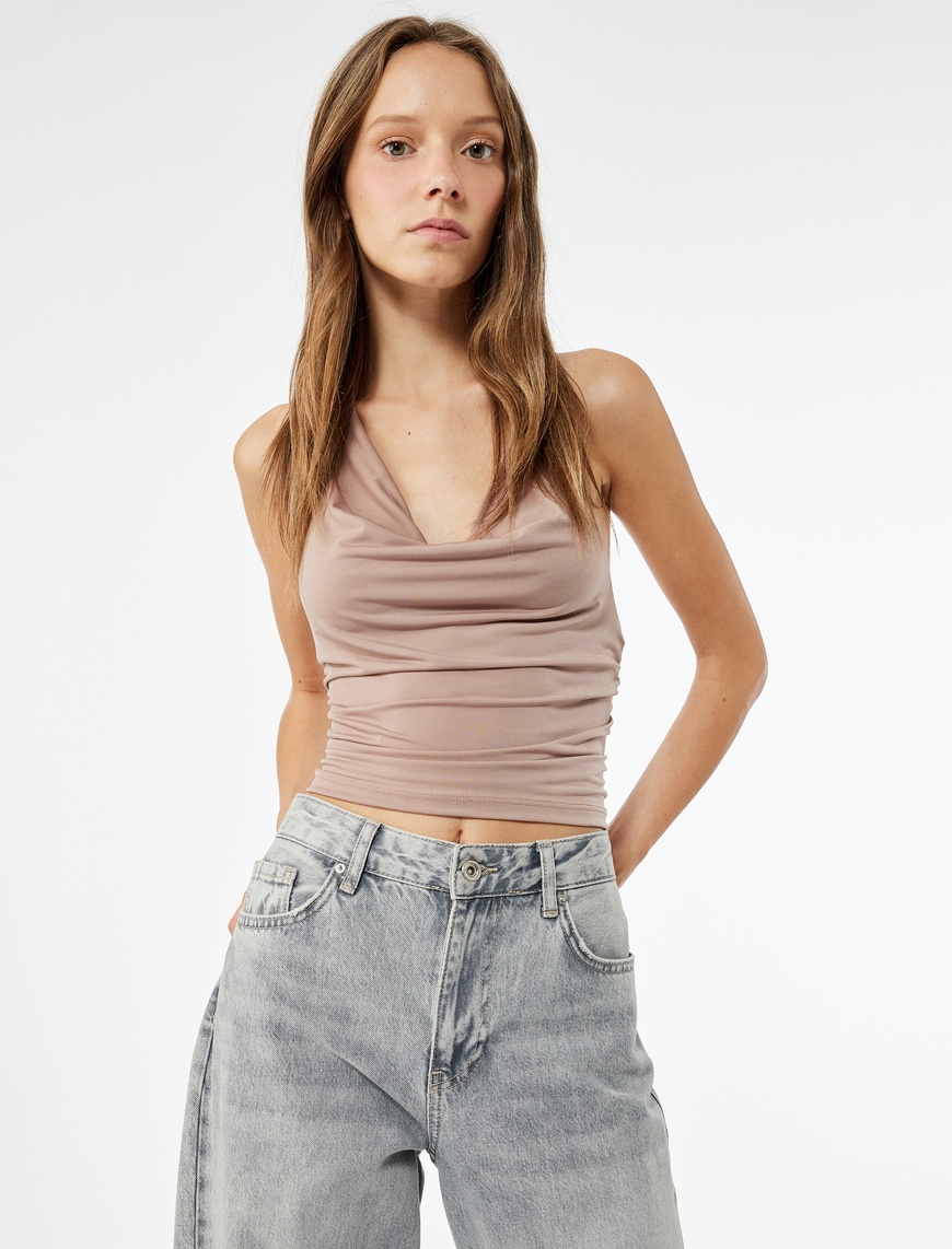   Drapeli Degaje Yaka Kolsuz Slim Fit Crop Bluz
