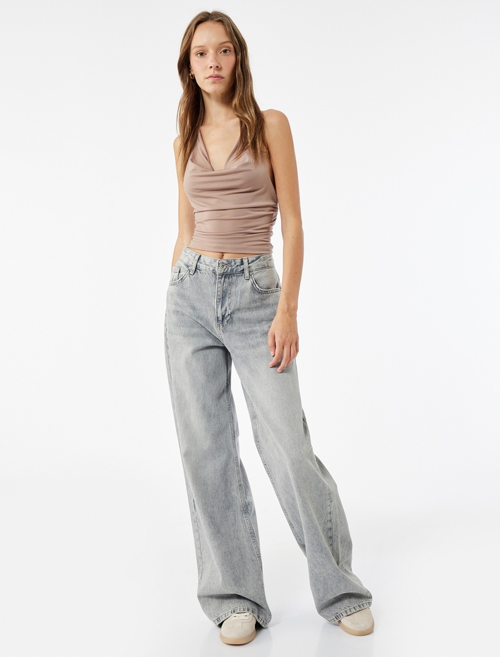  Drapeli Degaje Yaka Kolsuz Slim Fit Crop Bluz