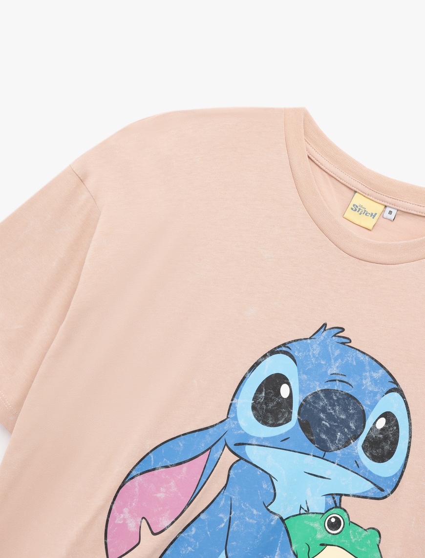   Stitch Lisanslı Kısa Kollu Bisiklet Yaka Baskılı Oversize Tişört
