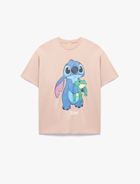 Stitch Lisanslı Kısa Kollu Bisiklet Yaka Baskılı Oversize Tişört