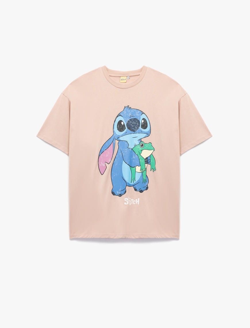   Stitch Lisanslı Kısa Kollu Bisiklet Yaka Baskılı Oversize Tişört