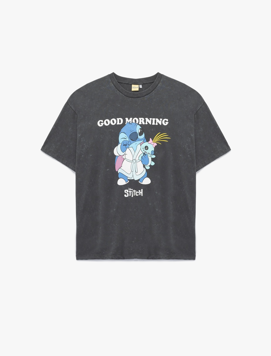   Stitch Lisanslı Kısa Kollu Bisiklet Yaka Baskılı Oversize Tişört