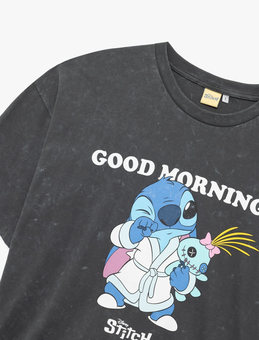   Stitch Lisanslı Kısa Kollu Bisiklet Yaka Baskılı Oversize Tişört