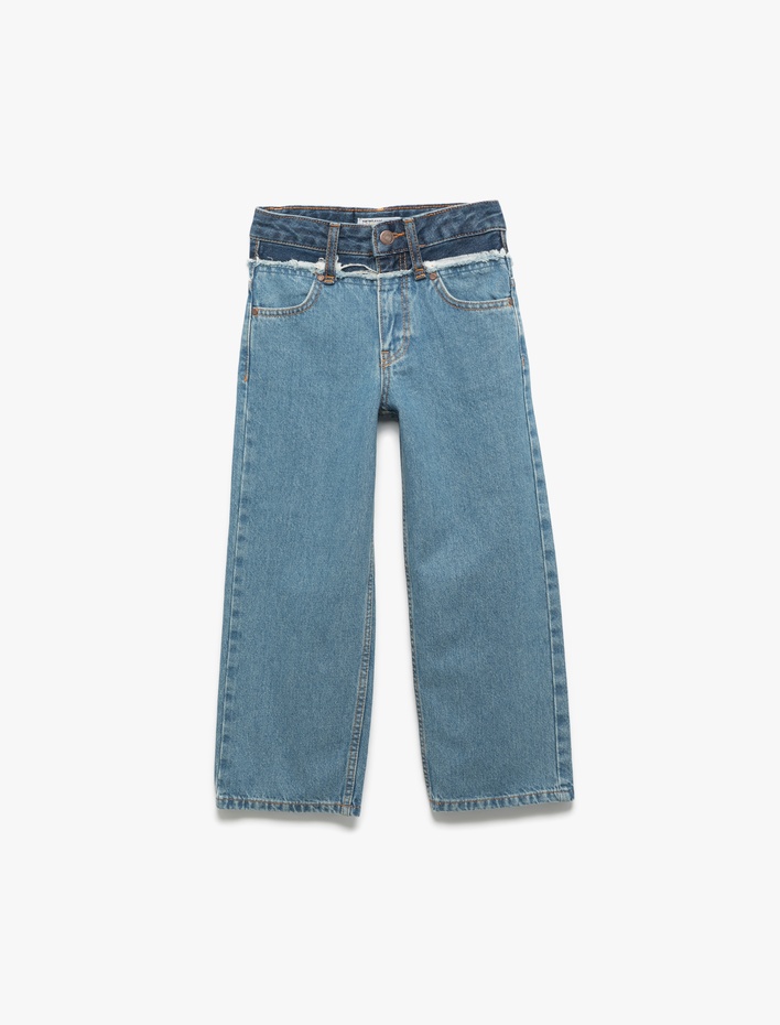 Kız Çocuk Pamuklu Cepli Denim Geniş Paça Pantolon