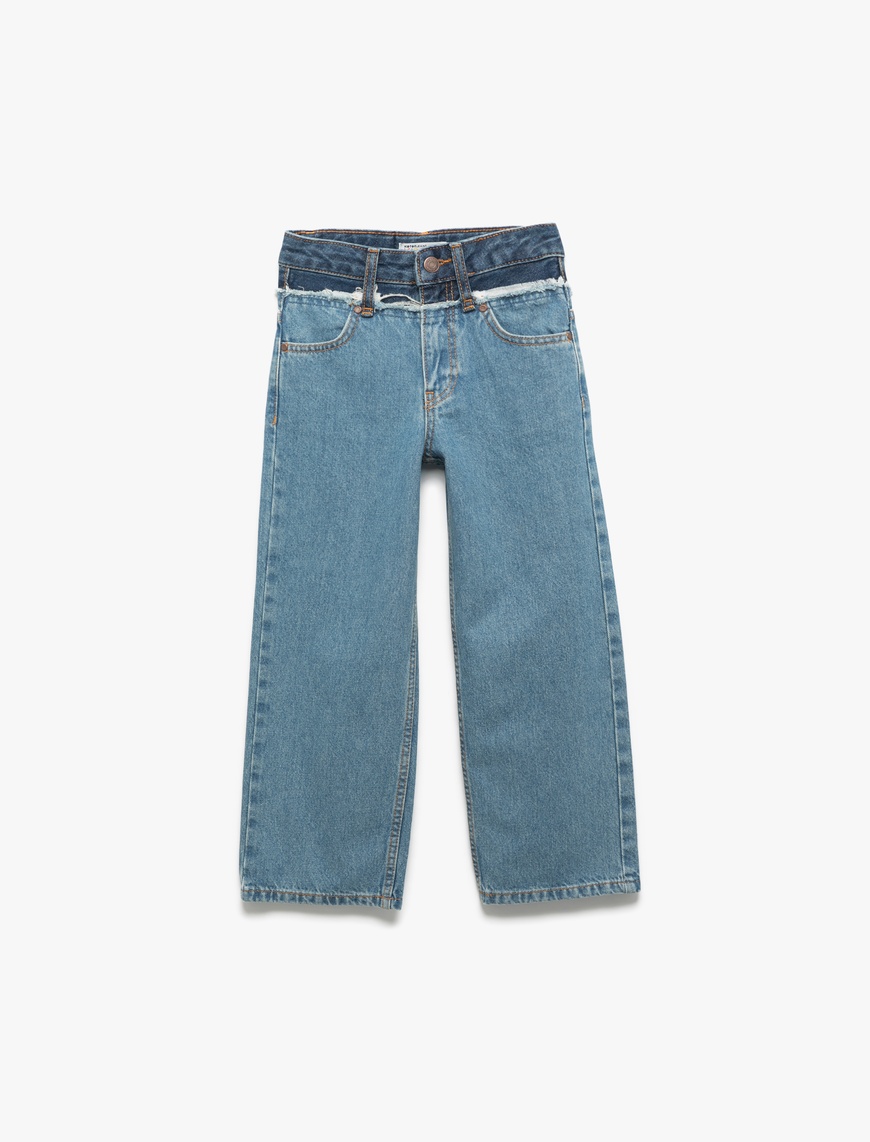  Kız Çocuk Pamuklu Cepli Denim Geniş Paça Pantolon