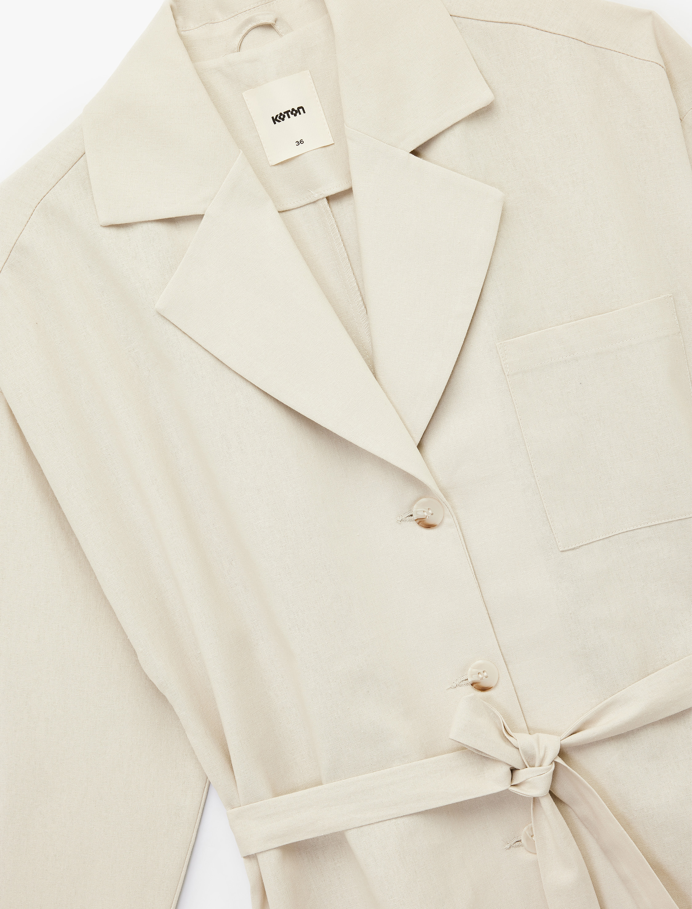   Uzun Kollu Düğmeli Kemerli Cep Detaylı Keten Oversize Ceket