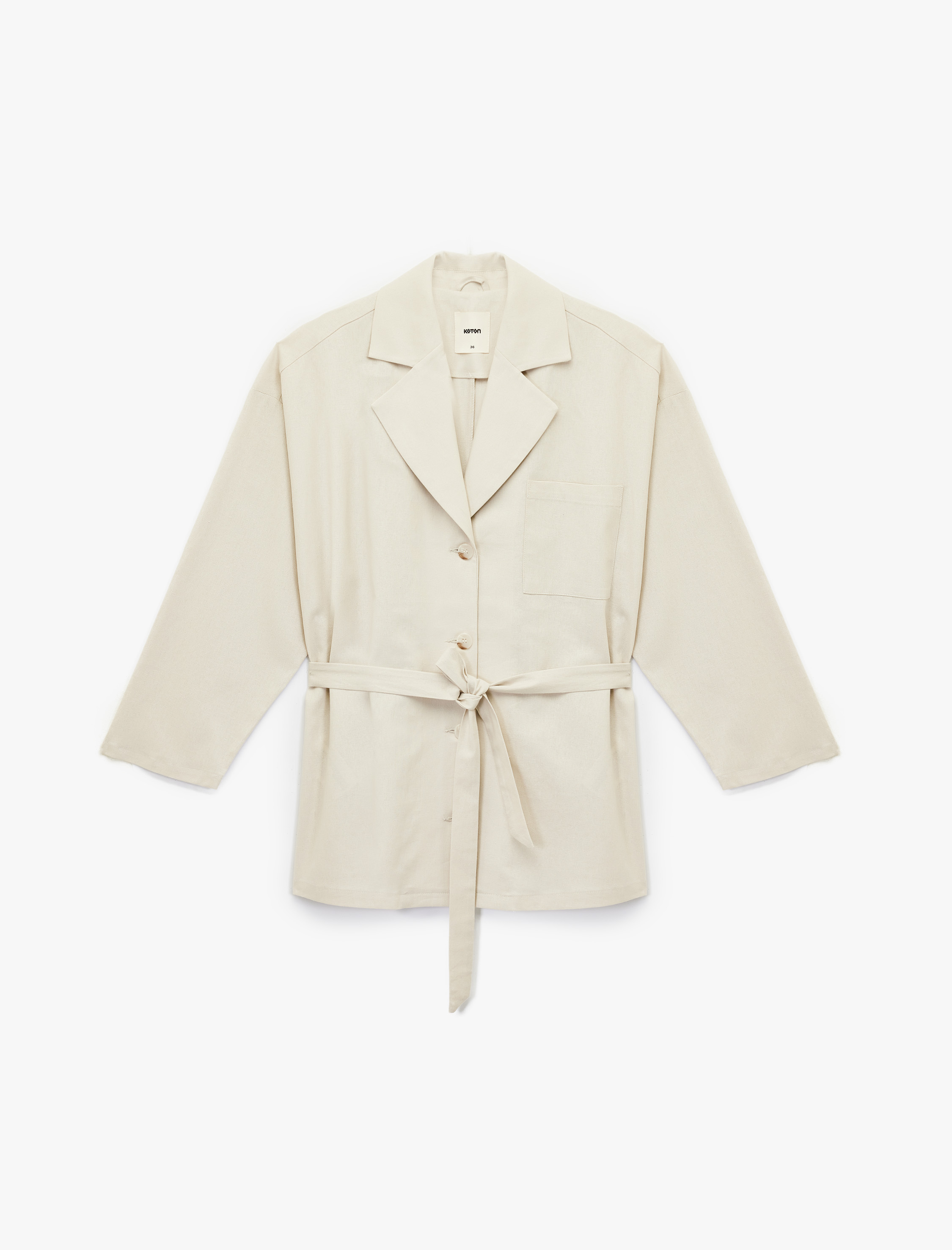   Uzun Kollu Düğmeli Kemerli Cep Detaylı Keten Oversize Ceket