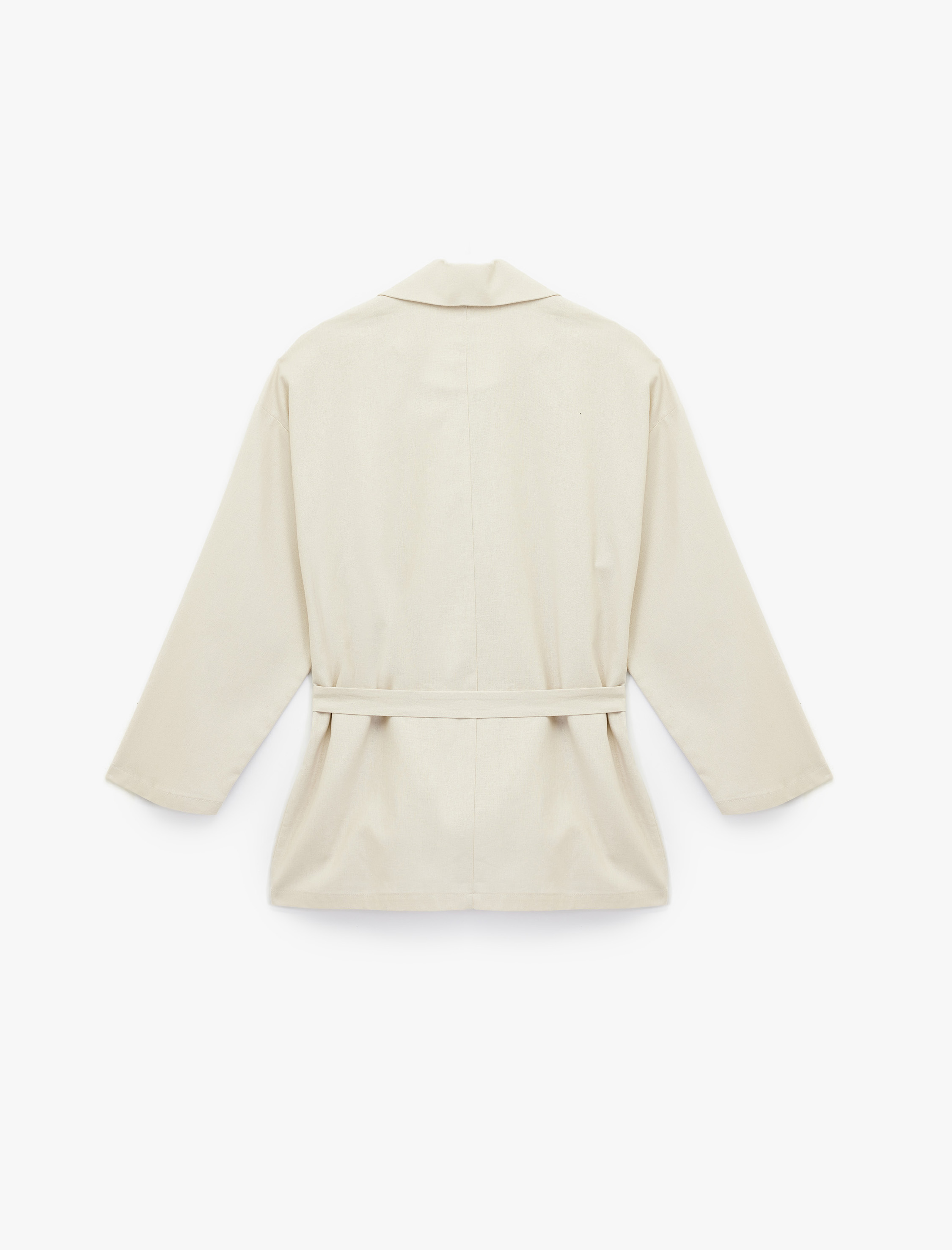   Uzun Kollu Düğmeli Kemerli Cep Detaylı Keten Oversize Ceket