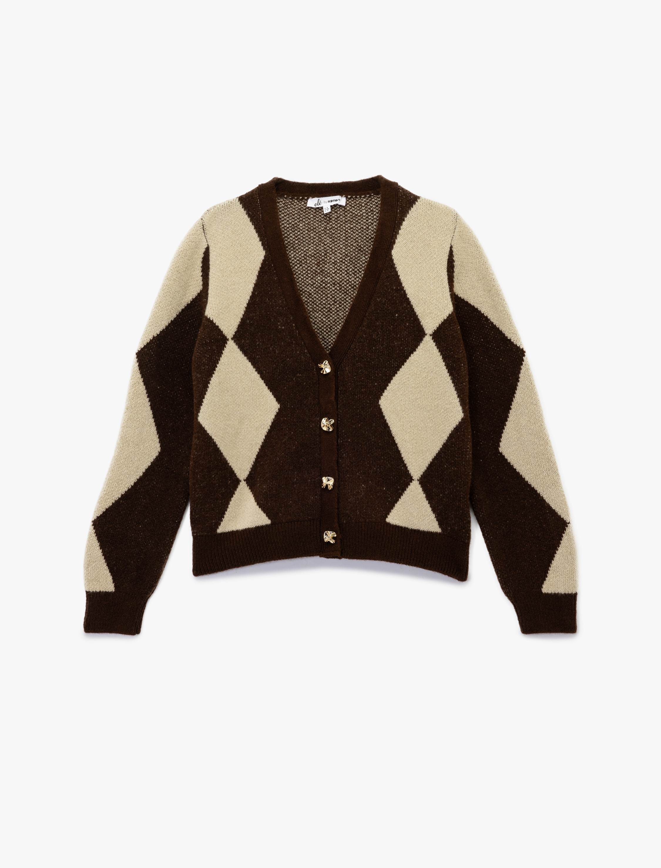   V Yaka Uzun Kollu Baklava Desenli Triko Hırka