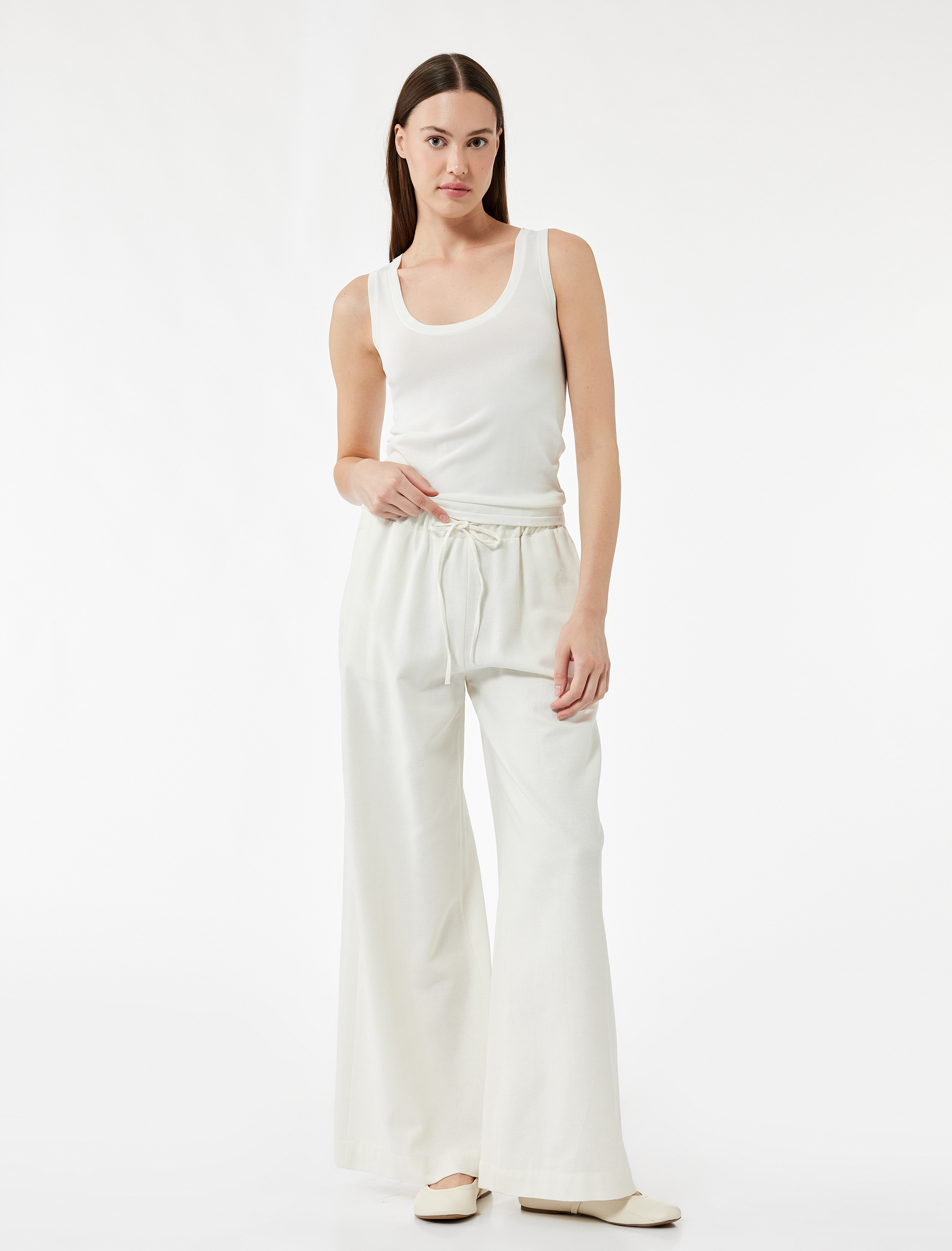   Keten Karışımlı Astarlı Cepli Beli Bağlamalı Düz Bol Paça Pantolon