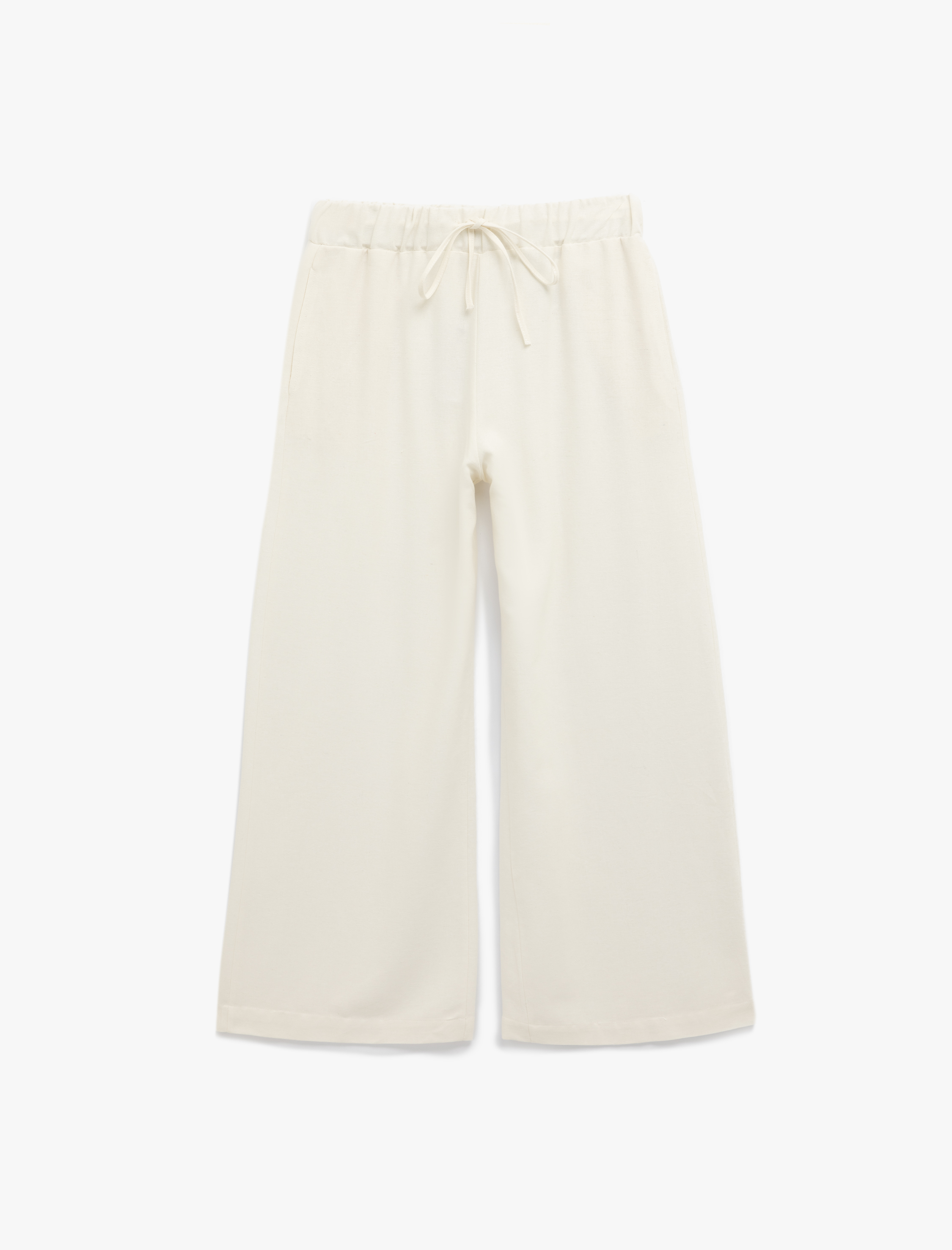   Keten Karışımlı Astarlı Cepli Beli Bağlamalı Düz Bol Paça Pantolon