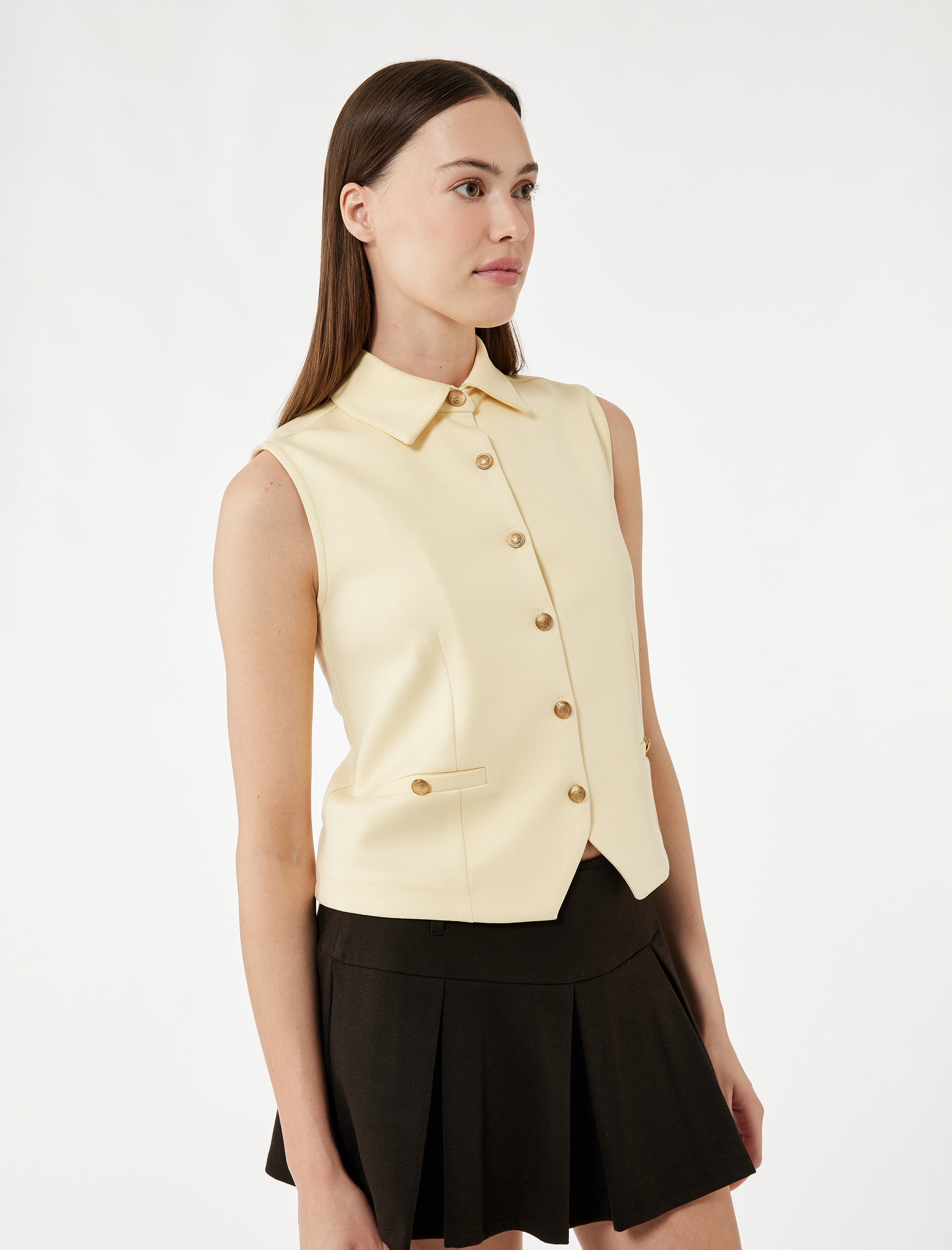   Slim Fit Gold Düğme Detaylı Kolsuz Ceket Yaka Yelek