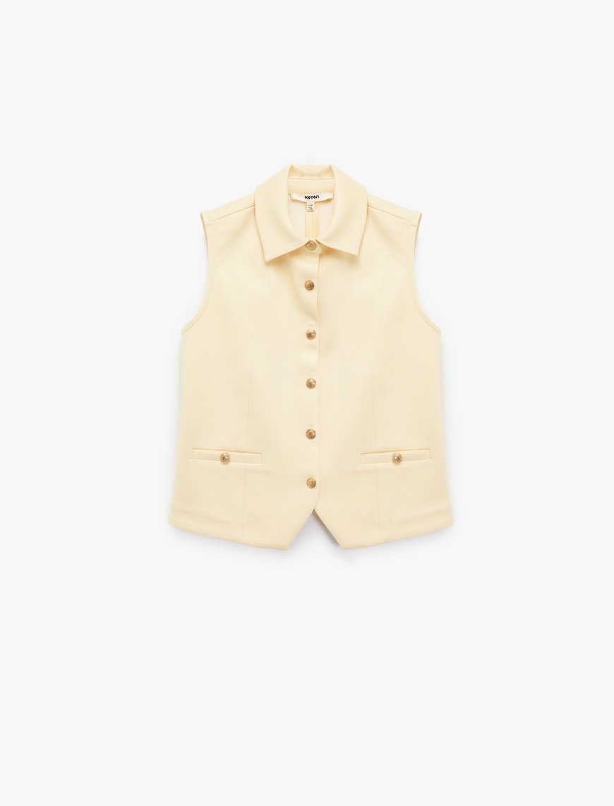   Slim Fit Gold Düğme Detaylı Kolsuz Ceket Yaka Yelek