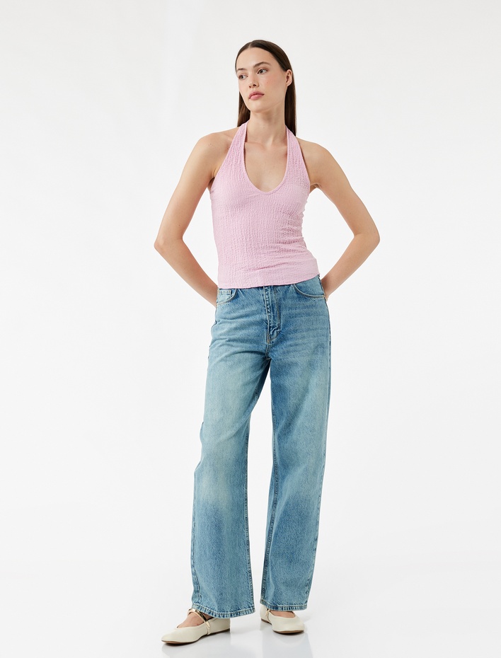  Bürümcük Kumaş Slim Fit Sırt Dekolteli Halter Yaka Üst