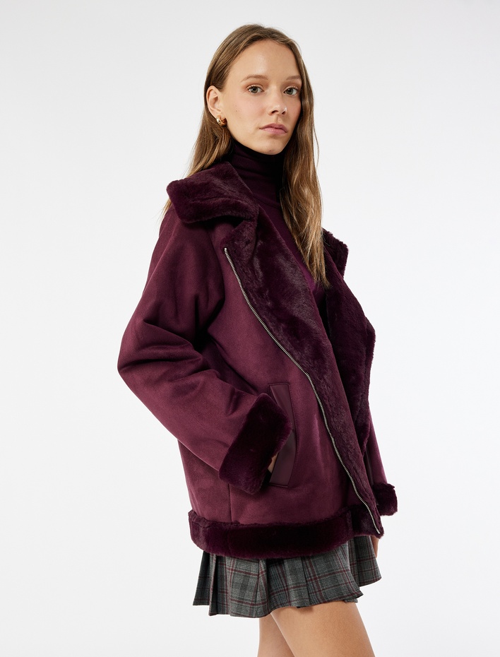  Suni Kürklü Yaka Fermuarlı Cepli Süet Görünümlü Biker Ceket