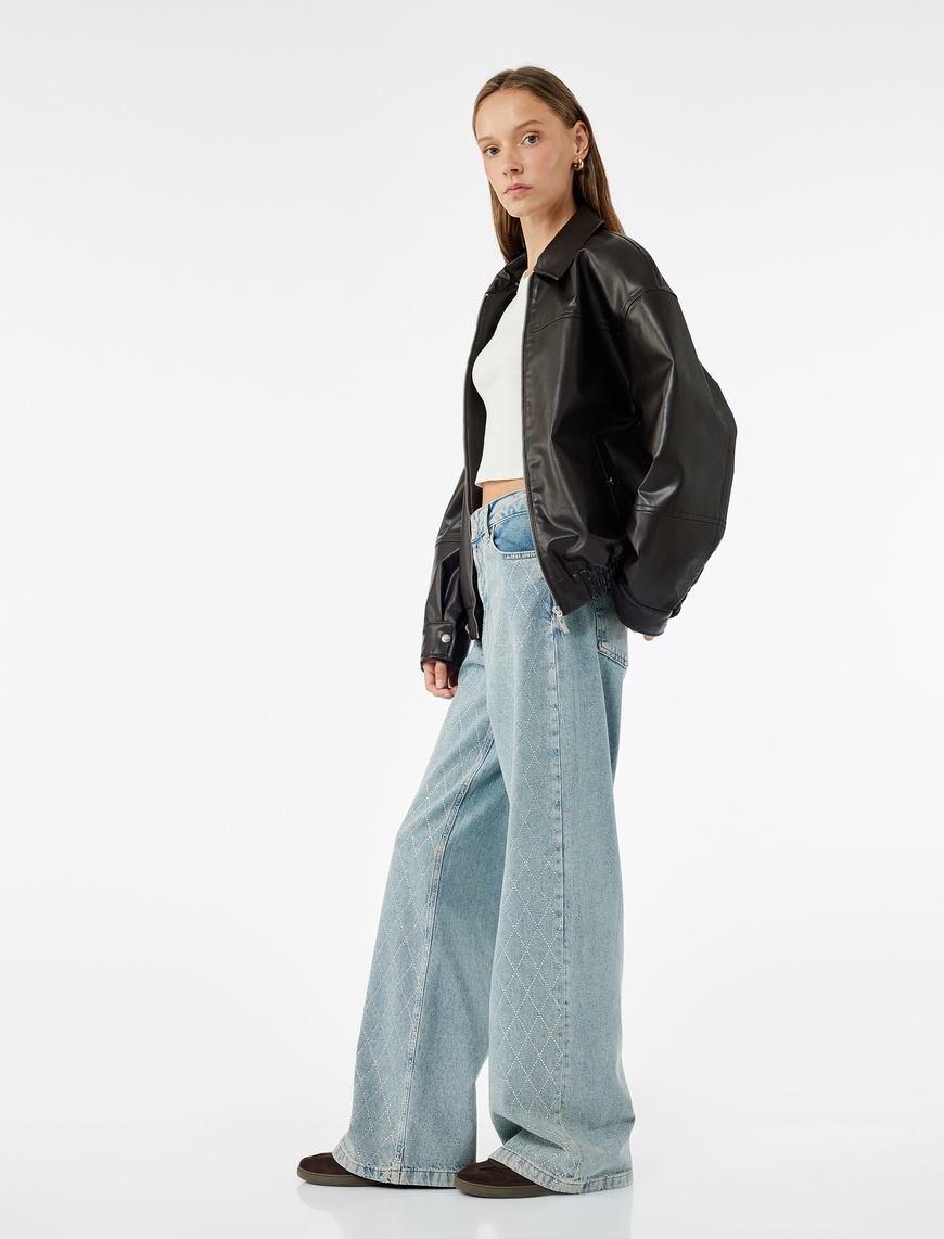   Normal Bel Geniş Paça Taş Detaylı Pamuklu Jean Pantolon - Wide Leg Jeans