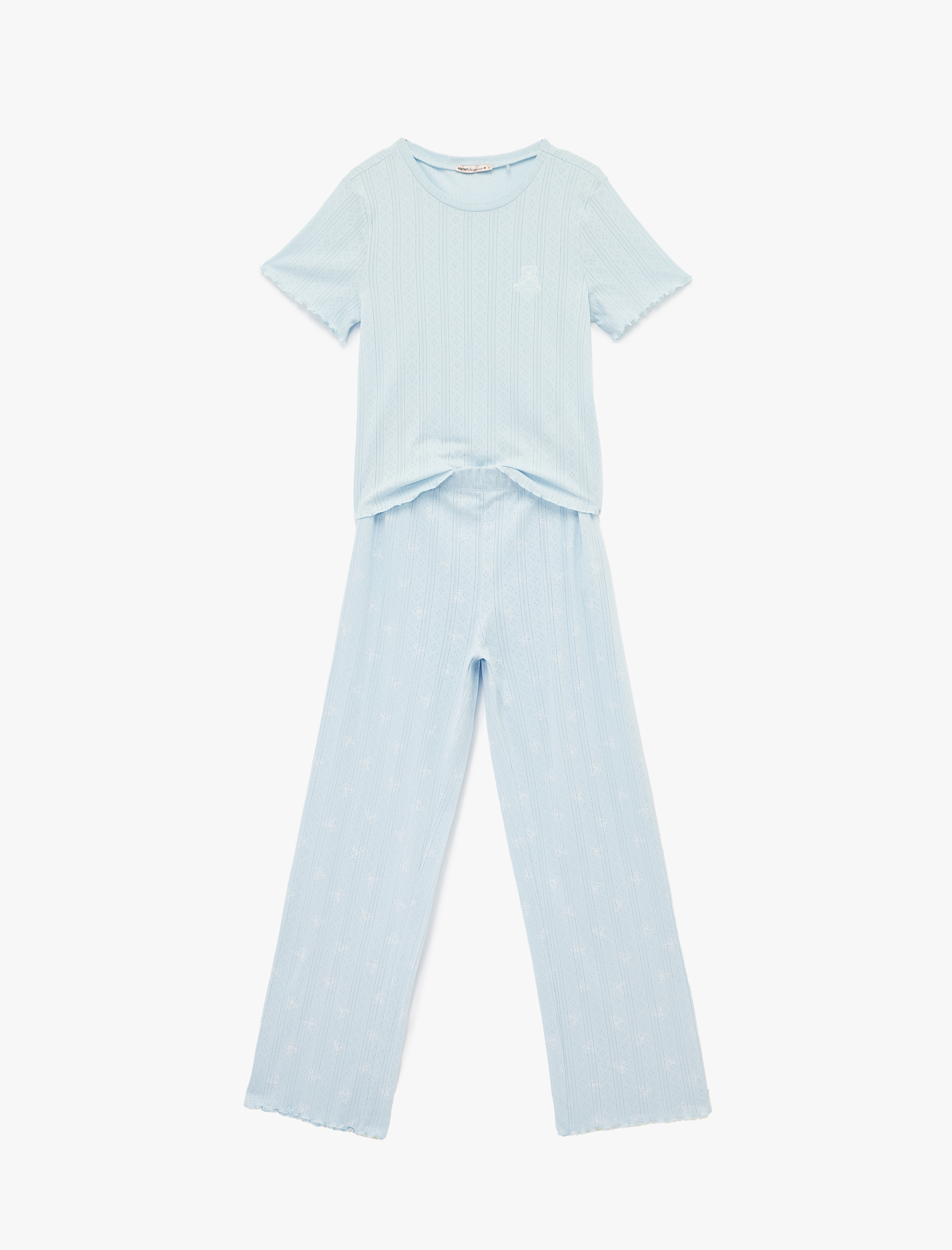   Rahat Kalıp Kısa Kollu Bisiklet Yaka Dokulu Pamuklu Örme Pijama Takımı