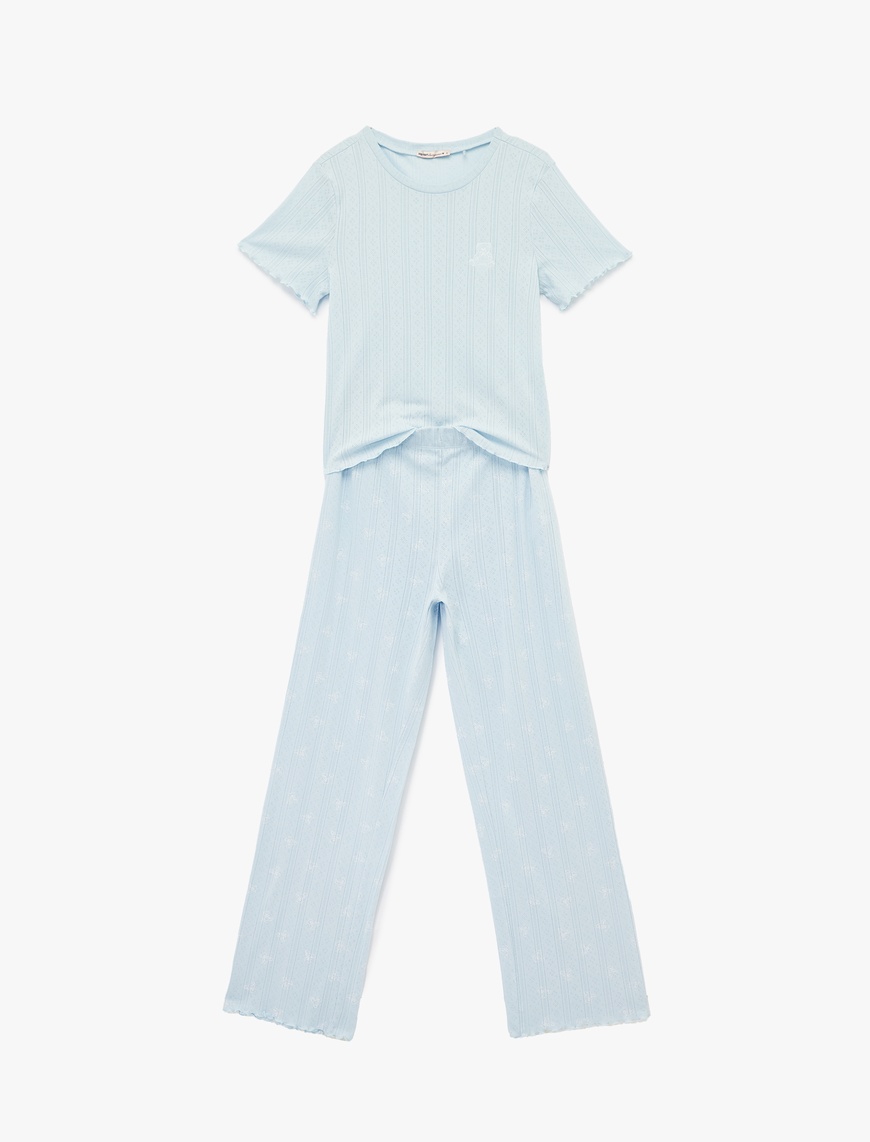   Rahat Kalıp Kısa Kollu Bisiklet Yaka Dokulu Pamuklu Örme Pijama Takımı