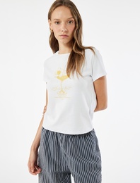 Slim Fit Kısa Kollu Pamuklu Bisiklet Yaka Baskılı Tişört