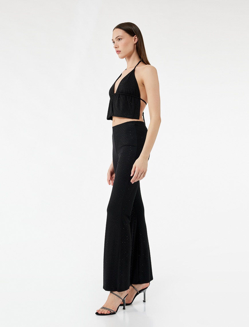   Koton X Zeynep Bastık - Viskon Karışımlı Taş Detaylı Slim Fit İspanyol Paça Pantolon