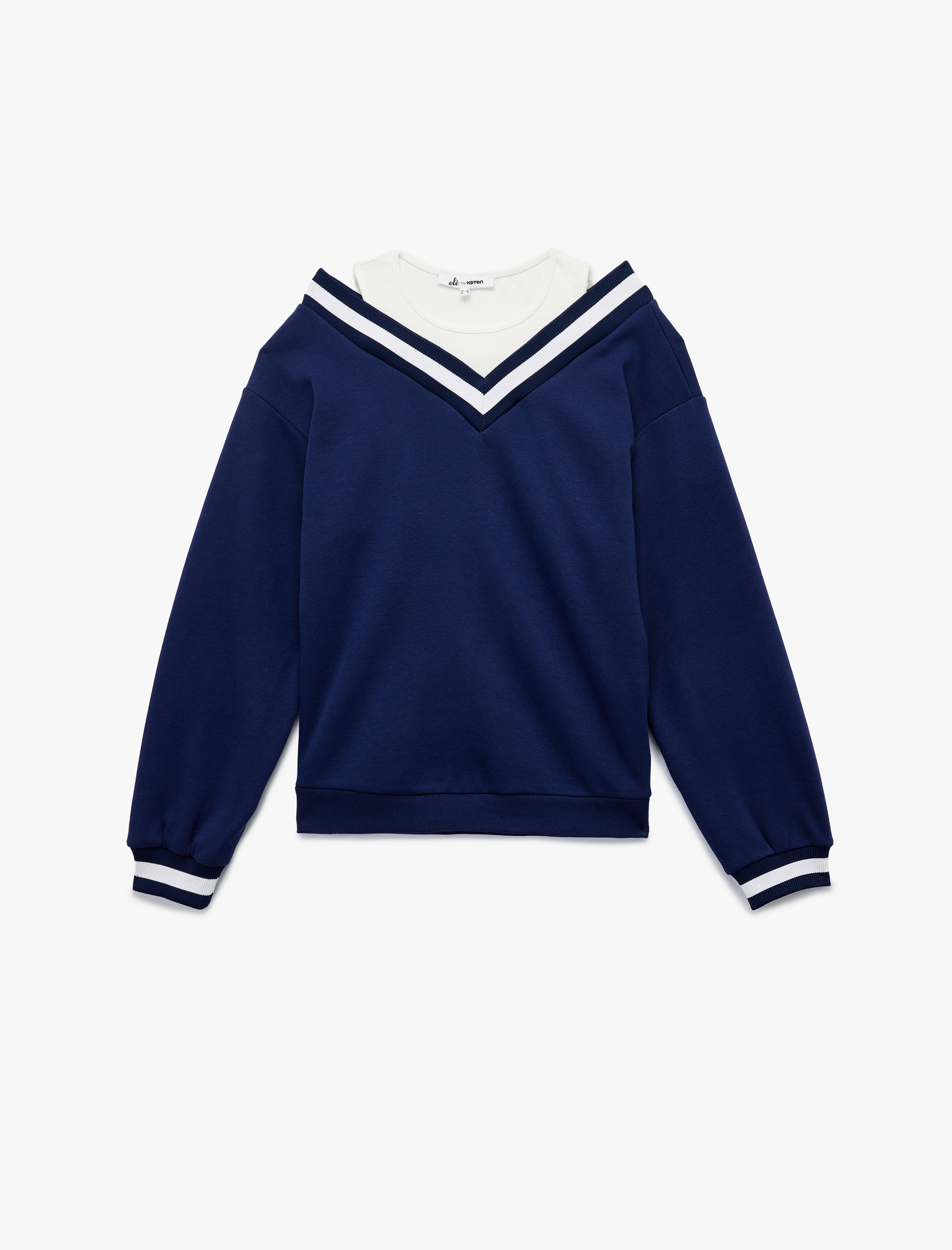   Şardonlu Atletli Çizgili Uzun Balon Kollu V Yaka Oversize Sweatshirt