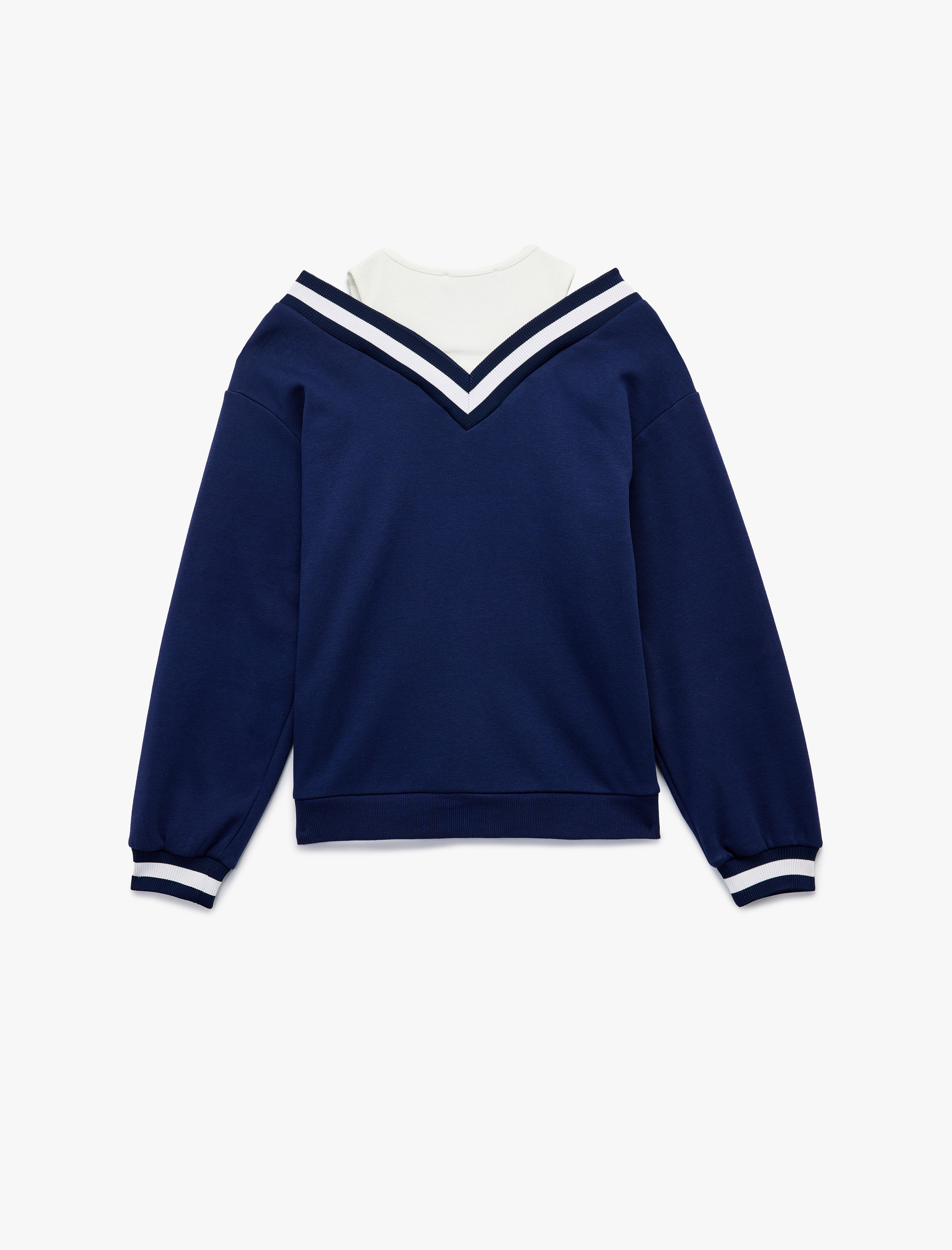   Şardonlu Atletli Çizgili Uzun Balon Kollu V Yaka Oversize Sweatshirt