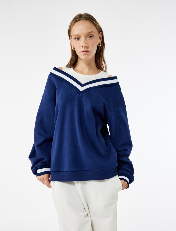  Şardonlu Atletli Çizgili Uzun Balon Kollu V Yaka Oversize Sweatshirt