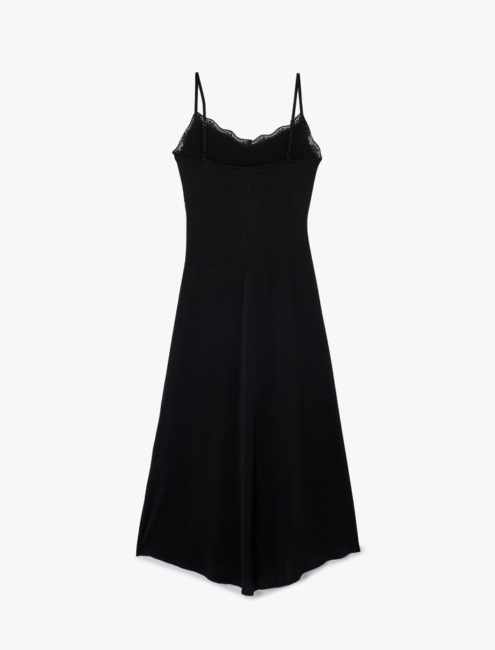  Sandy Kumaş İnce Askılı Dantel Detaylı Midi Boy Slip Elbise