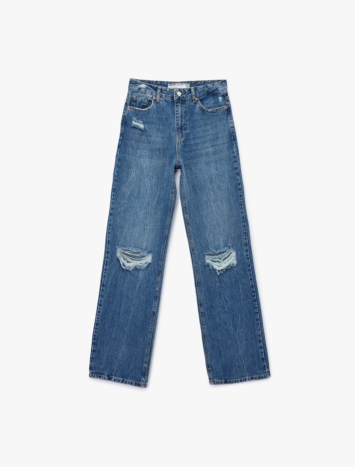 Yıpratılmış Pamuklu Düz Paça Straight Fit Jean Pantolon  - Straight Jeans