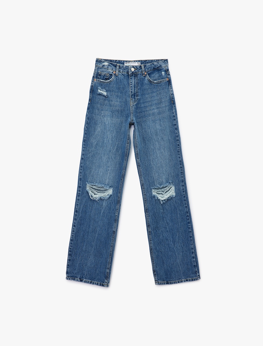   Yıpratılmış Pamuklu Düz Paça Straight Fit Jean Pantolon  - Straight Jeans