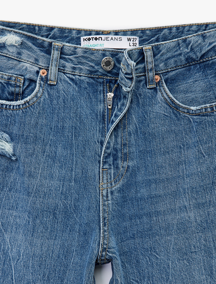   Yıpratılmış Pamuklu Düz Paça Straight Fit Jean Pantolon  - Straight Jeans