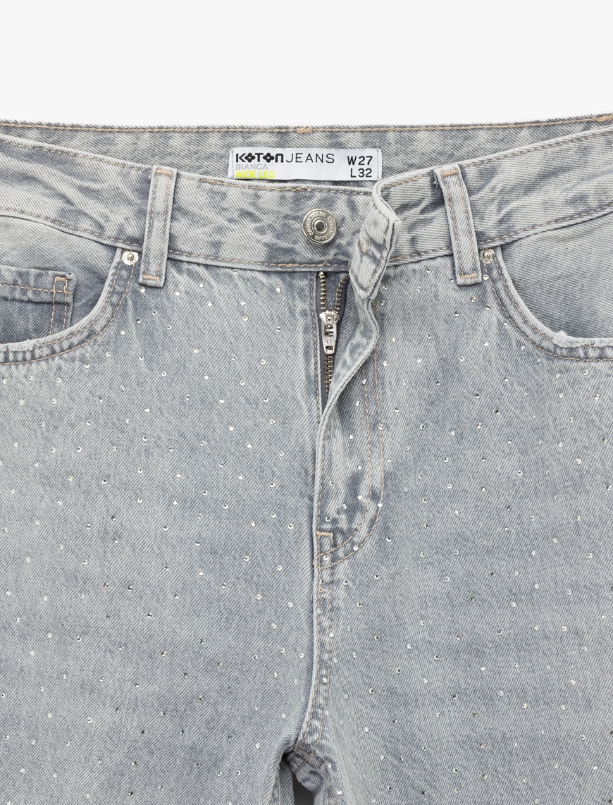   Taş Detaylı Geniş Paça Denim Pantolon - Bianca Wide Leg Jeans