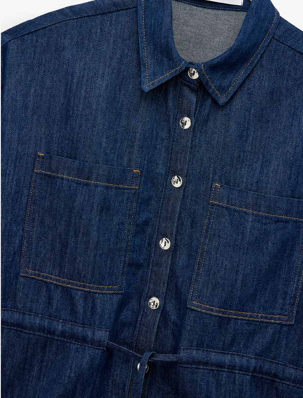 Cep Detaylı Düğmeli Klasik Yaka Denim Gömlek_2