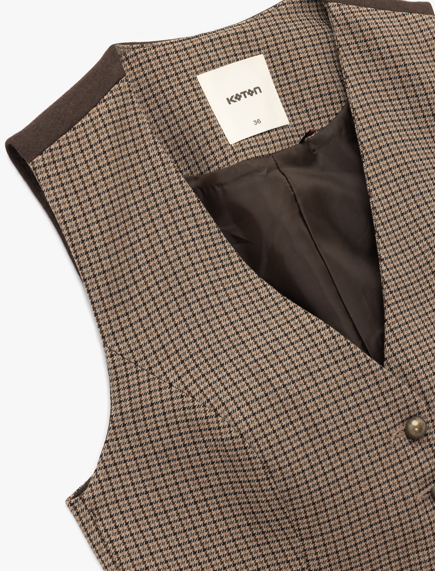   Düğmeli Slim Fit Ekose Blazer Yelek