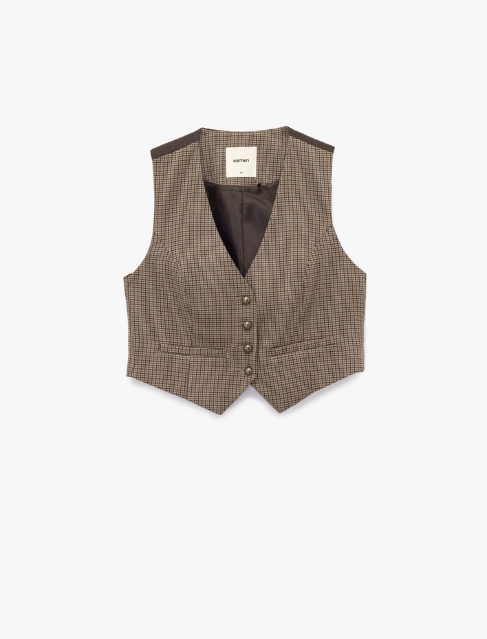  Düğmeli Slim Fit Ekose Blazer Yelek