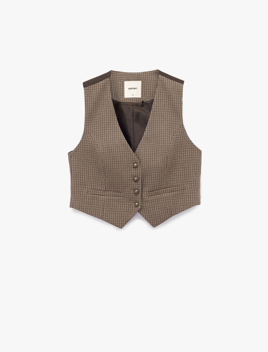   Düğmeli Slim Fit Ekose Blazer Yelek
