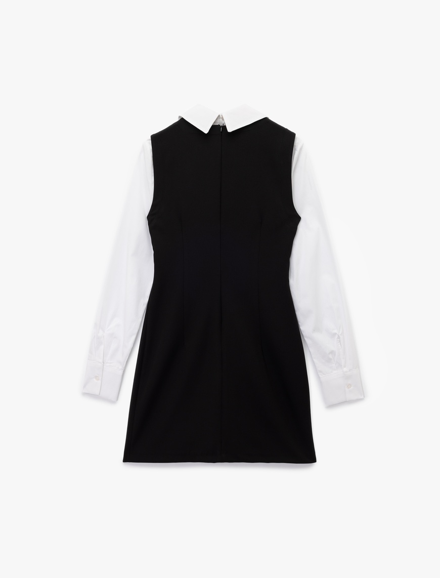   Slim Fit Kontrast Detaylı Uzun Kollu Gömlek Yaka Jile Elbise