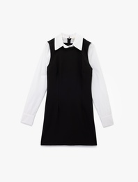 Slim Fit Kontrast Detaylı Uzun Kollu Gömlek Yaka Jile Elbise