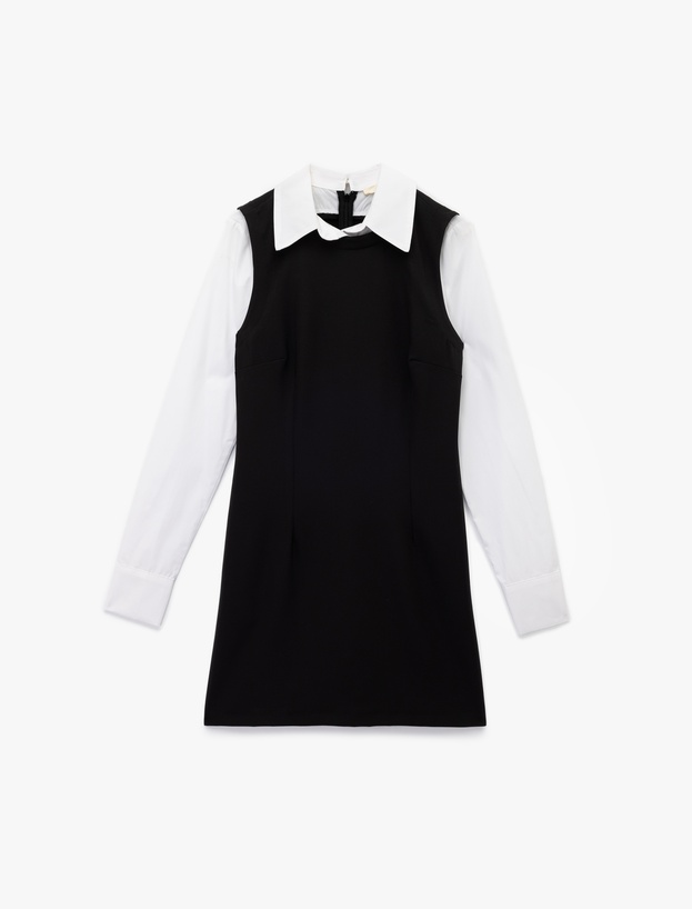 Slim Fit Kontrast Detaylı Uzun Kollu Gömlek Yaka Jile Elbise_0