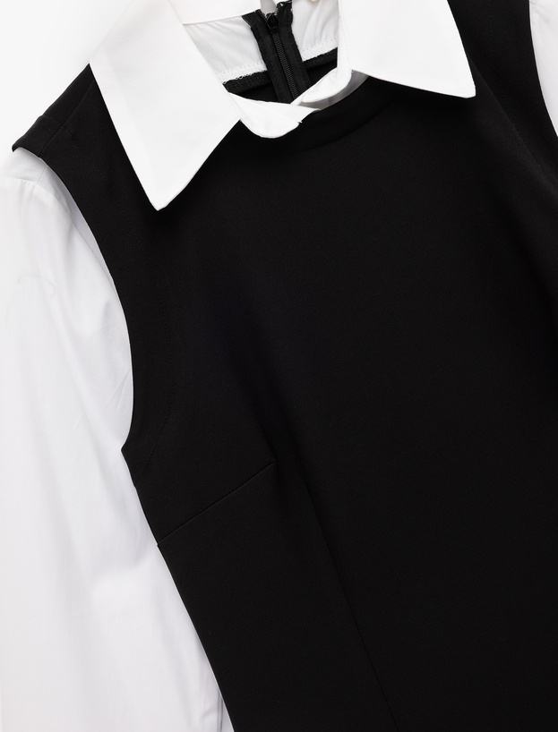 Slim Fit Kontrast Detaylı Uzun Kollu Gömlek Yaka Jile Elbise_2
