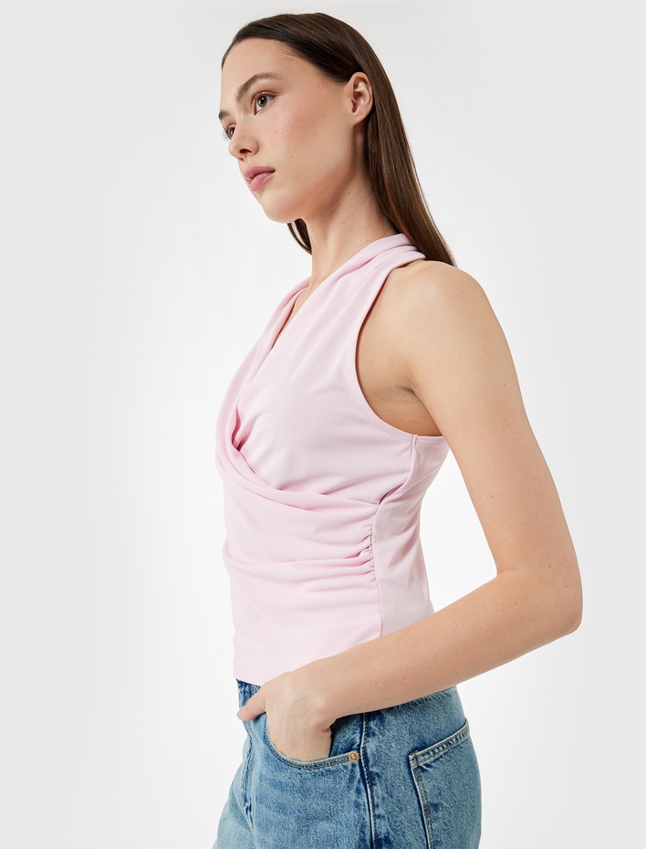  Kruvaze Yaka Kolsuz Drape Detaylı Bluz