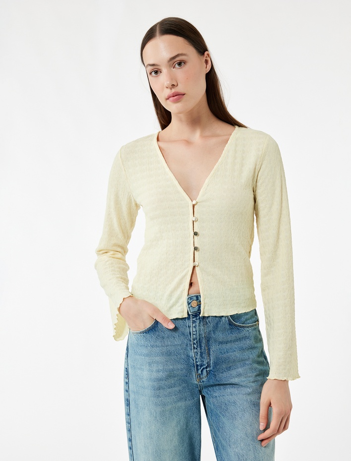  Düğmeli Uzun Kollu V Yaka Slim Fit Bluz