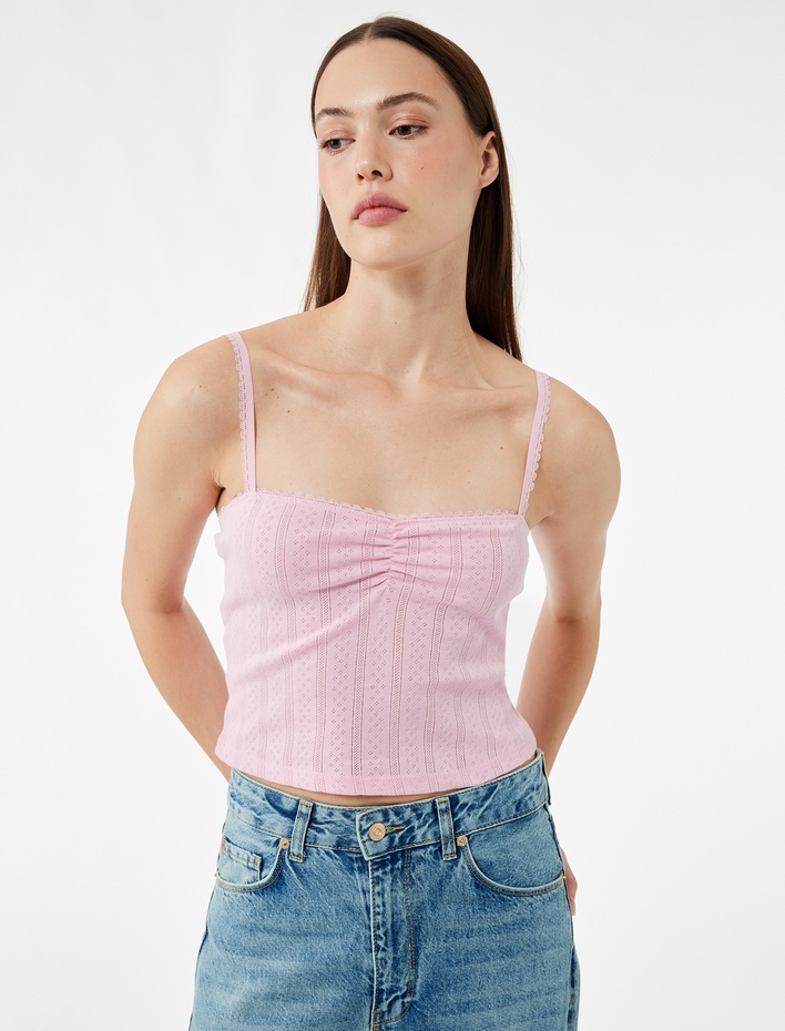  Pamuklu İp Askılı Büzgülü Dokulu Slim Fit Crop Atlet