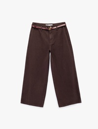Pamuklu Geniş Paça Kemerli Crop Pantolon - Wide Leg Jeans