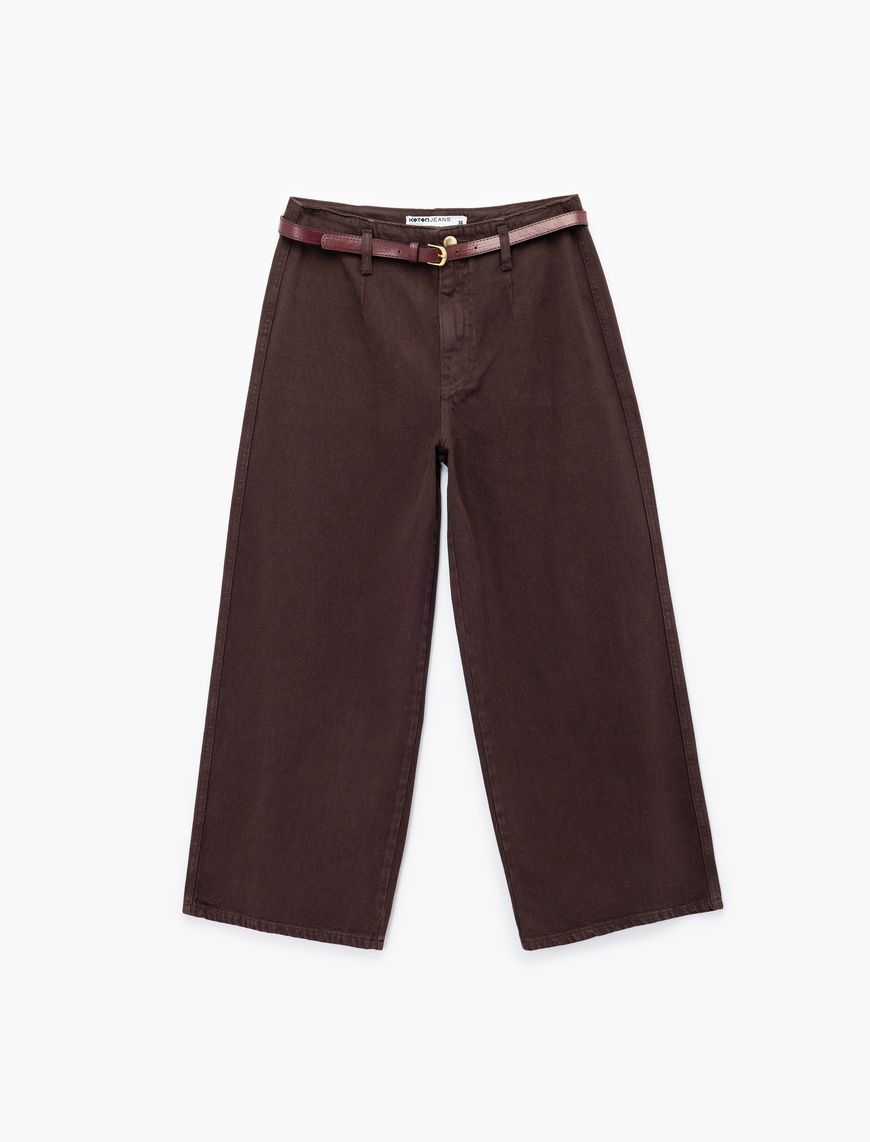   Pamuklu Geniş Paça Kemerli Crop Pantolon - Wide Leg Jeans